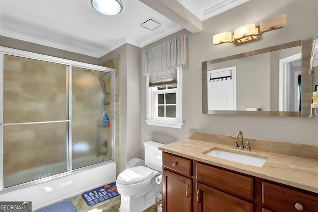 1875 Edgemont Ct, Cumming, GA 30041 - full bathroom with vanity, ornamental molding, and bath / shower combo with glass door