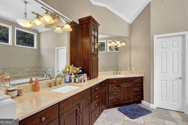 1875 Edgemont Ct, Cumming, GA 30041 - bathroom with lofted ceiling, ornamental molding, and double vanity