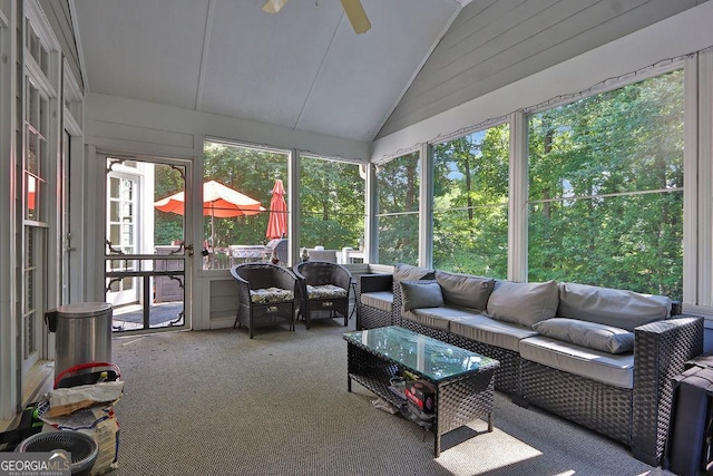 1875 Edgemont Ct, Cumming, GA 30041 - sunroom featuring vaulted ceiling, an outdoor hangout area, and ceiling fan