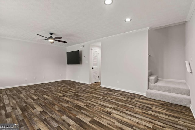 111 Northdale Pl, Lawrenceville, GA 30046 - unfurnished living room featuring dark wood-style flooring, stairway, ornamental molding, recessed lighting, and a ceiling fan