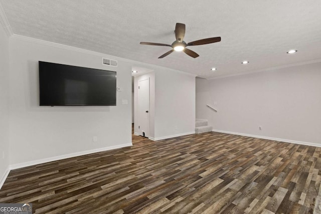 111 Northdale Pl, Lawrenceville, GA 30046 - unfurnished living room with dark wood-style floors, ceiling fan, recessed lighting, stairs, and ornamental molding