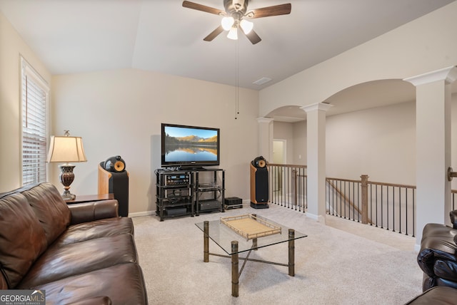4636 SW Silver Oak Dr SW, Gainesville, GA 30504 - carpeted living area with ornate columns, ceiling fan, arched walkways, and lofted ceiling