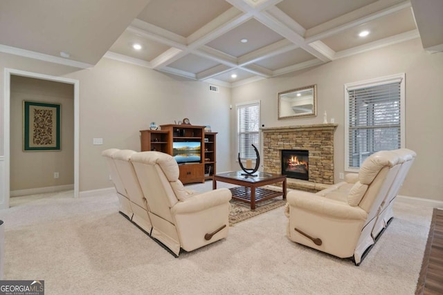 4636 SW Silver Oak Dr SW, Gainesville, GA 30504 - living room with beamed ceiling, a stone fireplace, coffered ceiling, recessed lighting, and wood finished floors