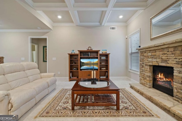 4636 SW Silver Oak Dr SW, Gainesville, GA 30504 - living room featuring beamed ceiling, crown molding, a fireplace, coffered ceiling, and recessed lighting