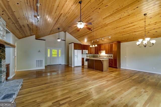 55 Cool Spring Ln, Clayton, GA 30525 - kitchen with open floor plan, white appliances, a chandelier, ceiling fan, and wooden ceiling
