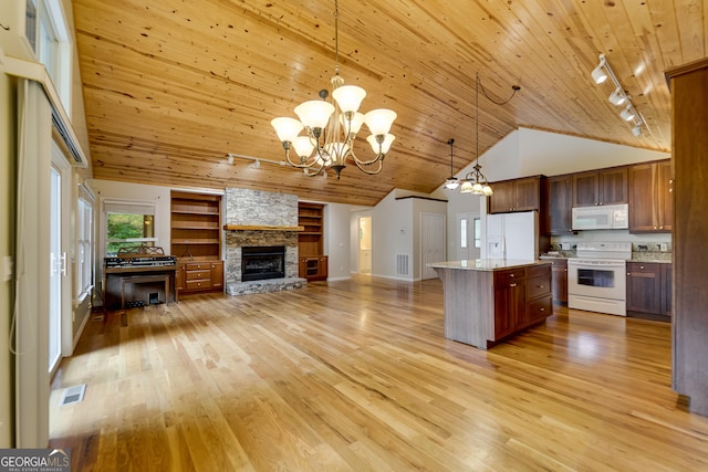 55 Cool Spring Ln, Clayton, GA 30525 - kitchen with white appliances, rail lighting, wood ceiling, a chandelier, and light wood-type flooring