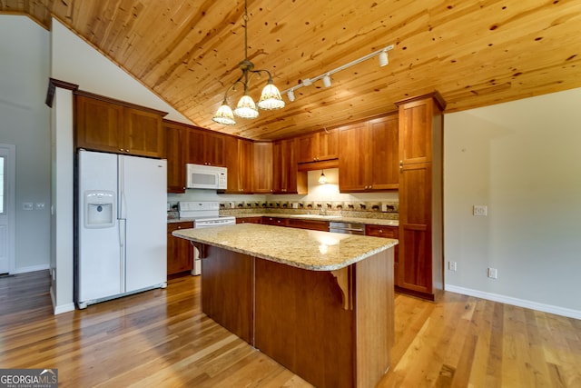 55 Cool Spring Ln, Clayton, GA 30525 - kitchen featuring white appliances, wood ceiling, a chandelier, rail lighting, and vaulted ceiling