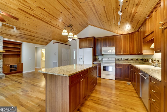55 Cool Spring Ln, Clayton, GA 30525 - kitchen featuring white appliances, a chandelier, wood ceiling, a kitchen island, and a ceiling fan