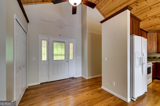 55 Cool Spring Ln, Clayton, GA 30525 - entrance foyer with wood ceiling, a ceiling fan, lofted ceiling, and light wood-type flooring