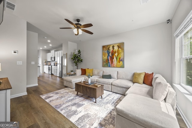 1004 Bayrose Cir, East Point, GA 30344 - living room featuring a ceiling fan, dark wood-style floors, and recessed lighting