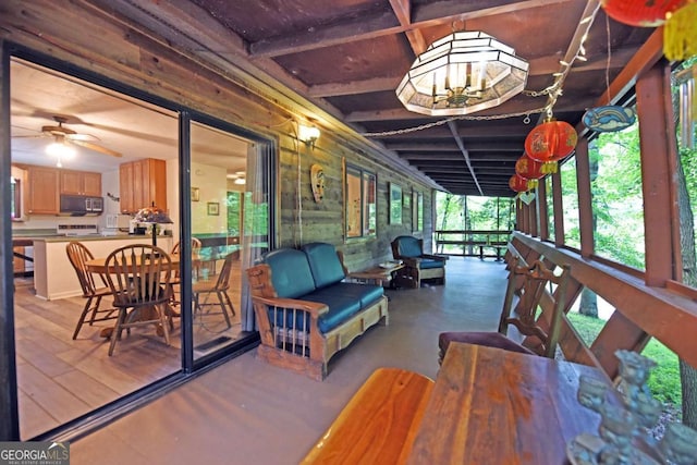 780 Watson Gap Rd, Mineral Bluff, GA 30559 - sunroom / solarium with an outdoor hangout area, ceiling fan, beamed ceiling, and coffered ceiling