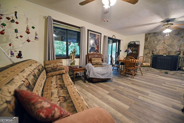 780 Watson Gap Rd, Mineral Bluff, GA 30559 - living room with ceiling fan, wood finished floors, healthy amount of natural light, and a textured ceiling