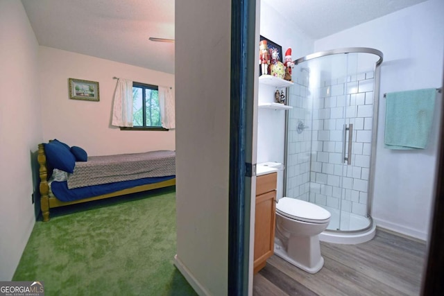780 Watson Gap Rd, Mineral Bluff, GA 30559 - bathroom with a stall shower, vanity, and wood finished floors