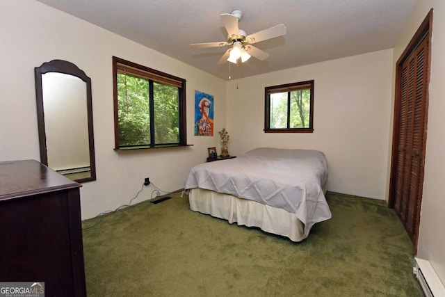 780 Watson Gap Rd, Mineral Bluff, GA 30559 - carpeted bedroom with a baseboard radiator, a closet, and ceiling fan