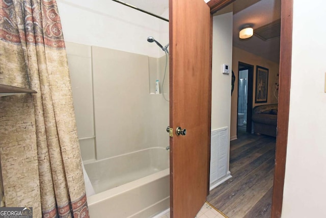 780 Watson Gap Rd, Mineral Bluff, GA 30559 - full bathroom featuring shower / bath combo and wood finished floors