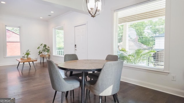 996 Palmetto Ave SW, Atlanta, GA 30314 - dining area featuring crown molding, dark wood-style floors, a chandelier, and recessed lighting