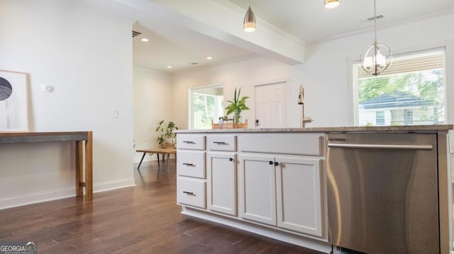 996 Palmetto Ave SW, Atlanta, GA 30314 - kitchen with stainless steel dishwasher, dark wood-type flooring, ornamental molding, hanging light fixtures, and light stone counters