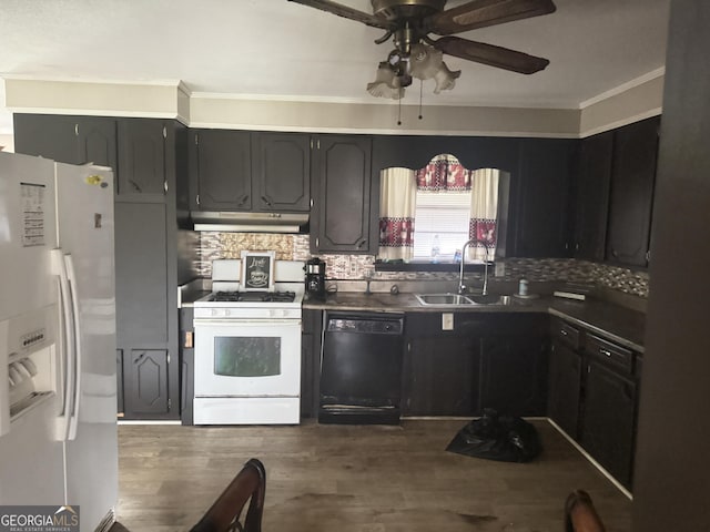 3109 Imperial Dr, Macon, GA 31211 - kitchen with white appliances, under cabinet range hood, ornamental molding, a ceiling fan, and dark countertops