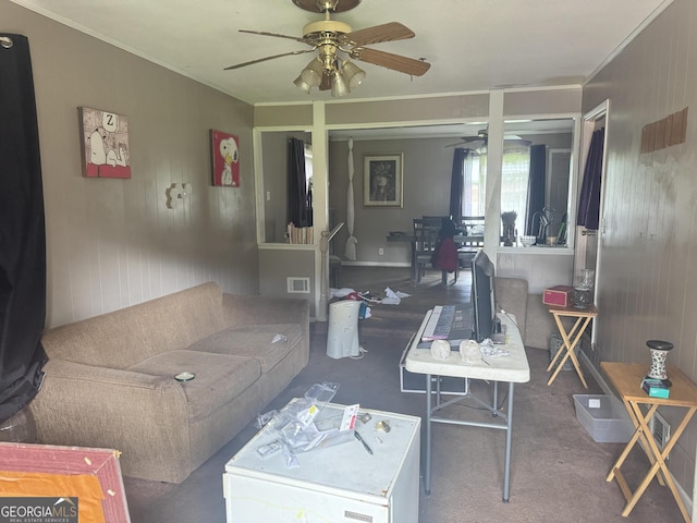 3109 Imperial Dr, Macon, GA 31211 - living room with a ceiling fan, crown molding, and carpet flooring