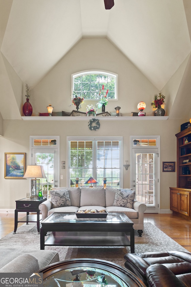 281 Hightower Lake Trl, Ball Ground, GA 30107 - living area with high vaulted ceiling, plenty of natural light, and wood finished floors