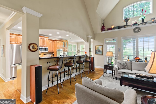 281 Hightower Lake Trl, Ball Ground, GA 30107 - living room with light wood finished floors, healthy amount of natural light, ornamental molding, high vaulted ceiling, and recessed lighting