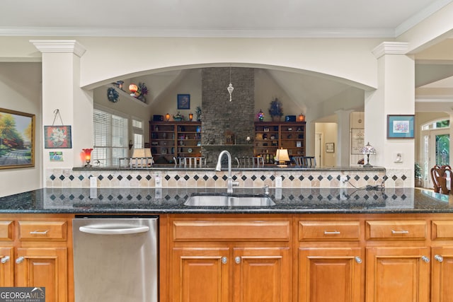 281 Hightower Lake Trl, Ball Ground, GA 30107 - kitchen featuring stainless steel dishwasher, dark stone countertops, brown cabinetry, crown molding, and lofted ceiling
