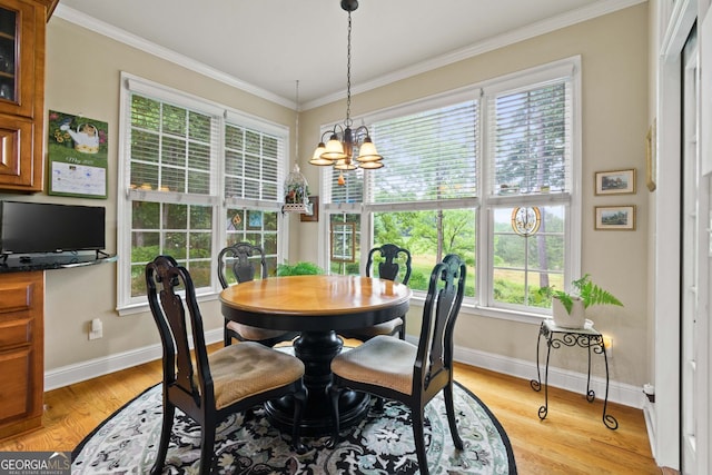 281 Hightower Lake Trl, Ball Ground, GA 30107 - dining room with a chandelier, plenty of natural light, light wood-style floors, and crown molding