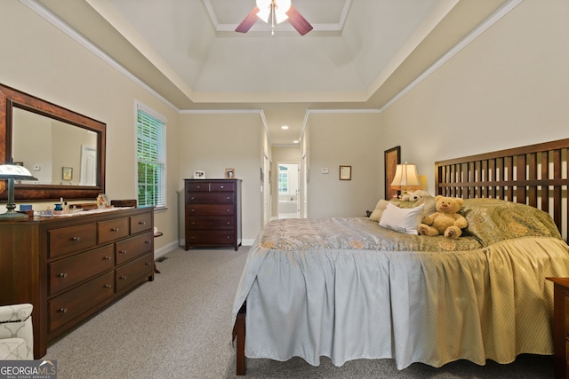 281 Hightower Lake Trl, Ball Ground, GA 30107 - bedroom featuring a tray ceiling, multiple windows, light carpet, crown molding, and a ceiling fan