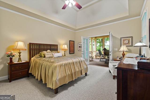 281 Hightower Lake Trl, Ball Ground, GA 30107 - carpeted bedroom featuring access to exterior, ceiling fan, a desk, ornamental molding, and a high ceiling