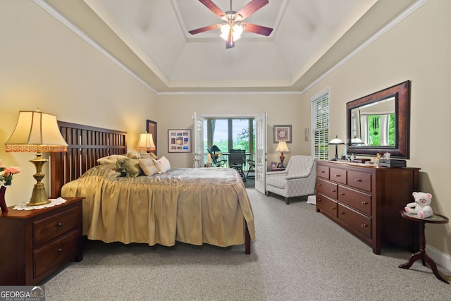 281 Hightower Lake Trl, Ball Ground, GA 30107 - bedroom featuring access to exterior, light carpet, a raised ceiling, and ceiling fan