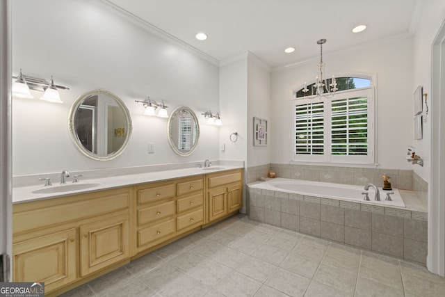 281 Hightower Lake Trl, Ball Ground, GA 30107 - bathroom with double vanity, a garden tub, tile patterned floors, ornamental molding, and a chandelier
