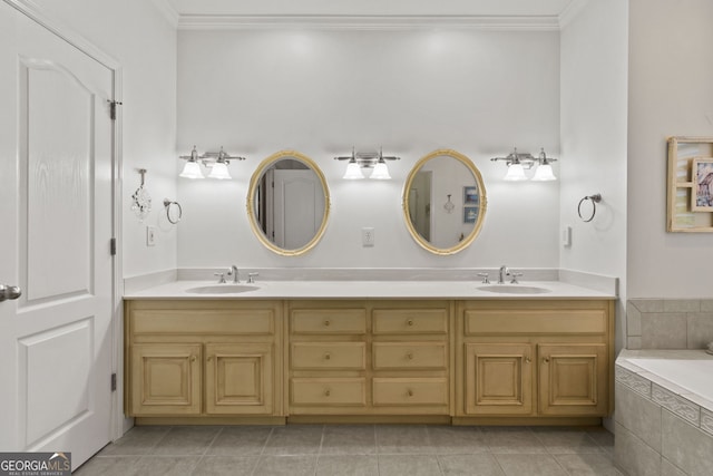 281 Hightower Lake Trl, Ball Ground, GA 30107 - bathroom with double vanity, ornamental molding, a bath, and tile patterned floors