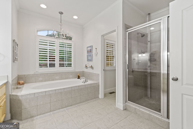 281 Hightower Lake Trl, Ball Ground, GA 30107 - full bath with tile patterned flooring, a garden tub, a stall shower, a chandelier, and vanity