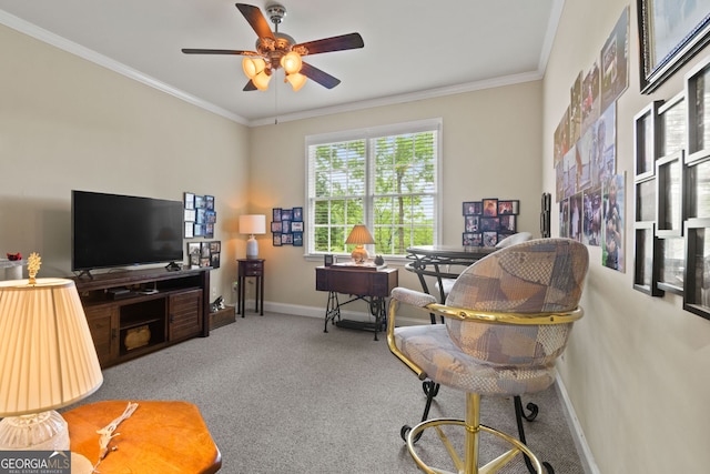 281 Hightower Lake Trl, Ball Ground, GA 30107 - living area featuring a ceiling fan, crown molding, carpet flooring, and an office area