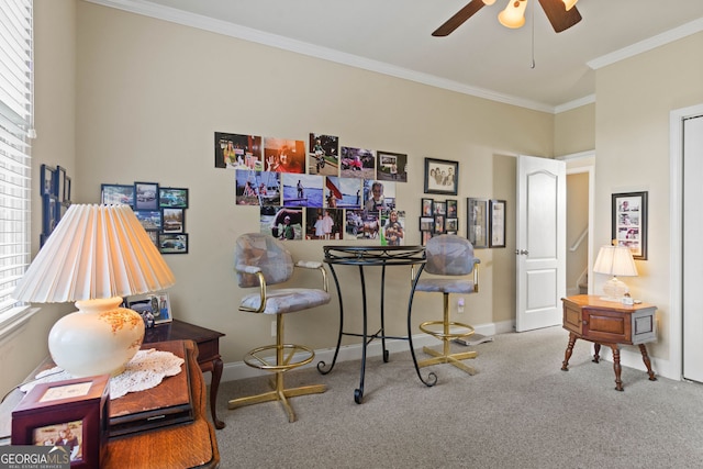 281 Hightower Lake Trl, Ball Ground, GA 30107 - carpeted office space featuring crown molding and a ceiling fan