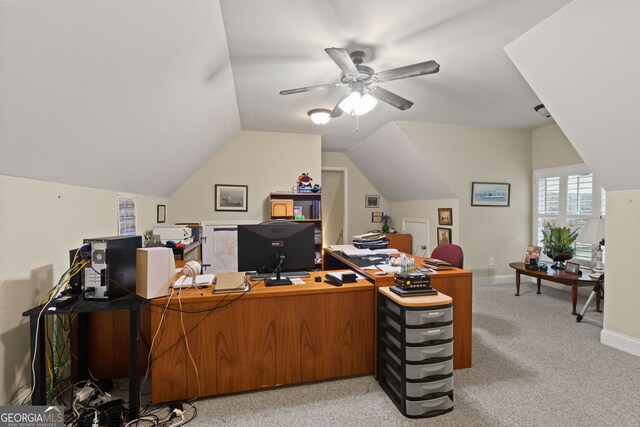 281 Hightower Lake Trl, Ball Ground, GA 30107 - office space with vaulted ceiling, ceiling fan, and light carpet