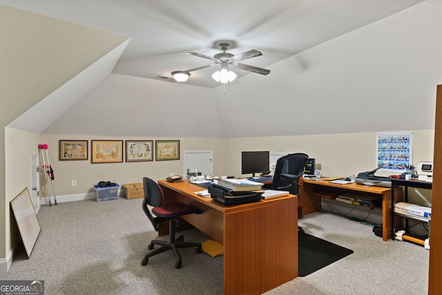 281 Hightower Lake Trl, Ball Ground, GA 30107 - carpeted office space with a ceiling fan and lofted ceiling