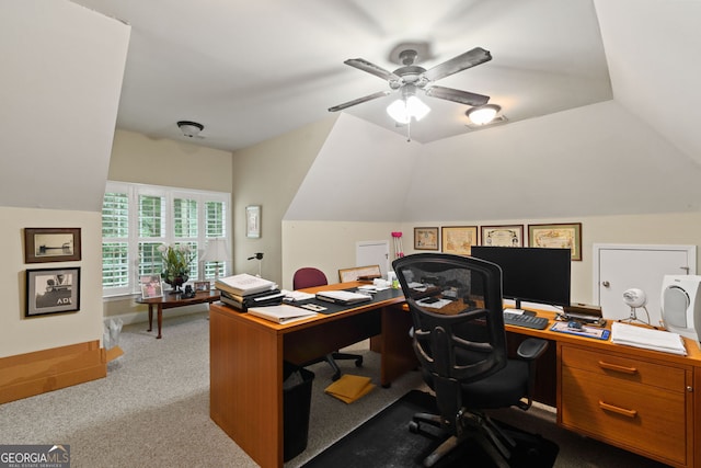 281 Hightower Lake Trl, Ball Ground, GA 30107 - office space with vaulted ceiling, ceiling fan, and carpet floors