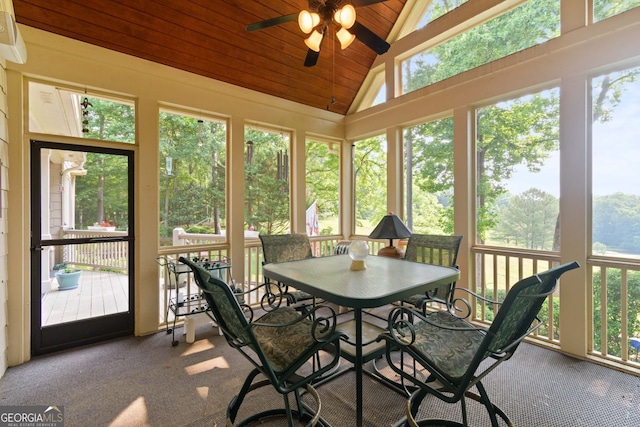 281 Hightower Lake Trl, Ball Ground, GA 30107 - sunroom featuring ceiling fan, lofted ceiling, and healthy amount of natural light