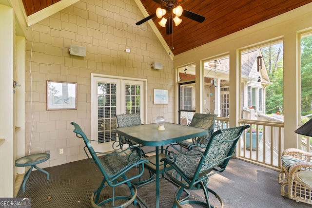 281 Hightower Lake Trl, Ball Ground, GA 30107 - sunroom / solarium featuring vaulted ceiling, ceiling fan, french doors, and outdoor dining space