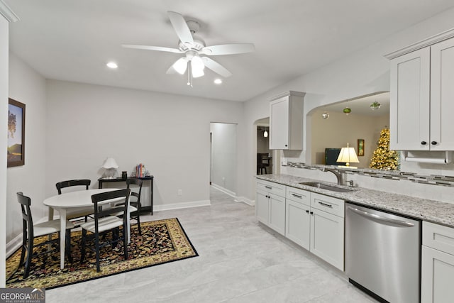 281 Hightower Lake Trl, Ball Ground, GA 30107 - kitchen featuring stainless steel dishwasher, a ceiling fan, light stone counters, recessed lighting, and white cabinets