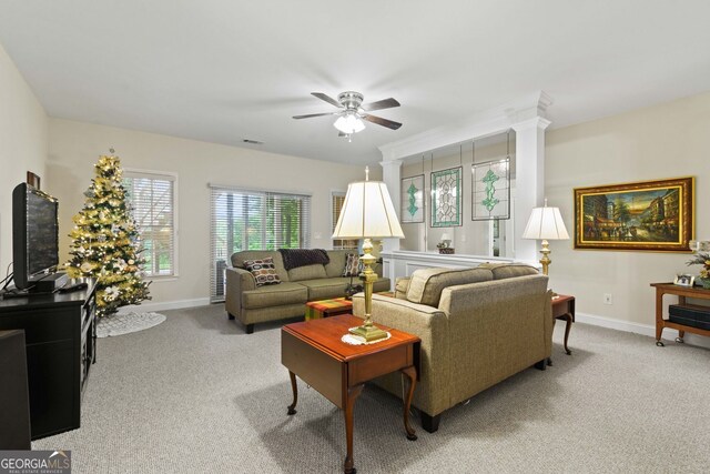 281 Hightower Lake Trl, Ball Ground, GA 30107 - living area featuring light colored carpet and ceiling fan