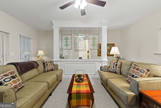 281 Hightower Lake Trl, Ball Ground, GA 30107 - living area with ornate columns, carpet, and ceiling fan