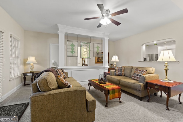 281 Hightower Lake Trl, Ball Ground, GA 30107 - living room featuring carpet floors, a ceiling fan, and decorative columns