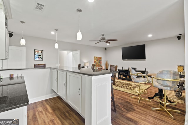 281 Hightower Lake Trl, Ball Ground, GA 30107 - kitchen featuring a ceiling fan, dark wood finished floors, pendant lighting, white cabinets, and recessed lighting