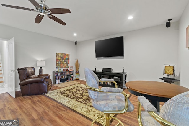 281 Hightower Lake Trl, Ball Ground, GA 30107 - living area featuring recessed lighting, wood finished floors, a ceiling fan, and stairs