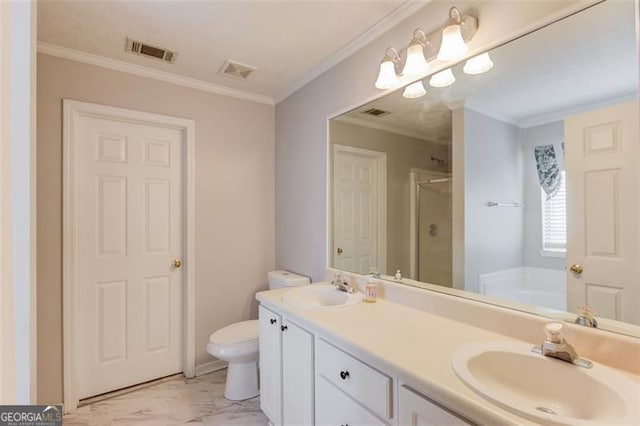 738 Baskins, Winder, GA 30680 - full bathroom with a shower stall, a garden tub, double vanity, marble look tile flooring, and ornamental molding