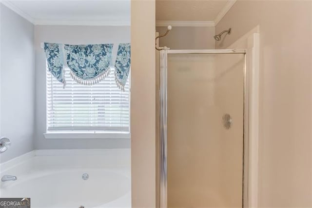 738 Baskins, Winder, GA 30680 - bathroom featuring a stall shower, crown molding, and a bath