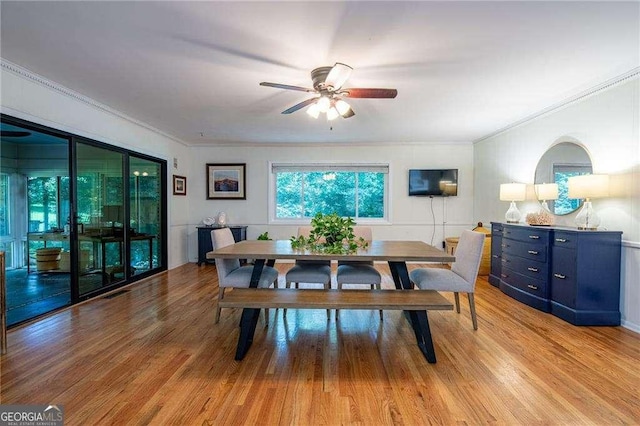 3300 Wiltshire Dr, Avondale Estates, GA 30002 - dining room featuring ceiling fan, ornamental molding, and light wood-style floors