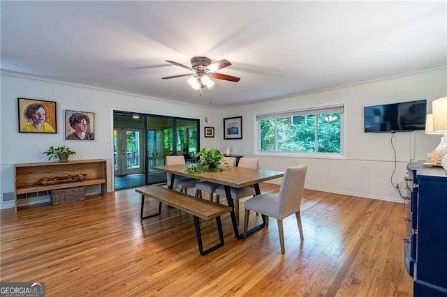 3300 Wiltshire Dr, Avondale Estates, GA 30002 - dining space featuring ceiling fan, light wood-type flooring, and crown molding